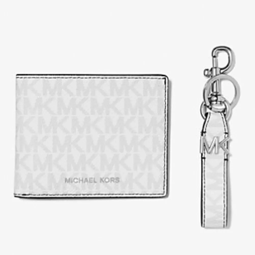 NIB New Michael Kors Bright White Logo Wallet & Keychain Set